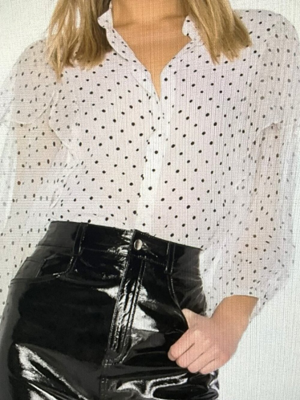 SALONI Chloe Open Polka Blouse Black White Dots Silk Sheer Puff 3/4 Sleeve Top
